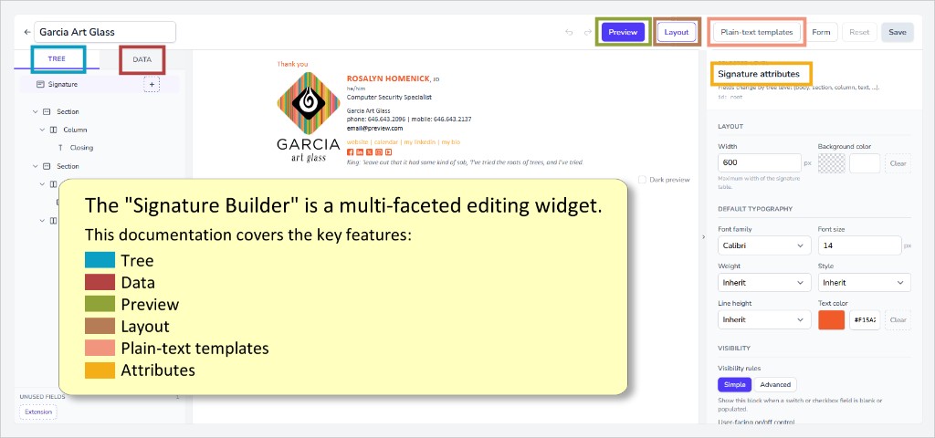 Signature Builder overview, with Tree, Data, Preview, Layout, Plain-text templates, and Signature attributes called out
