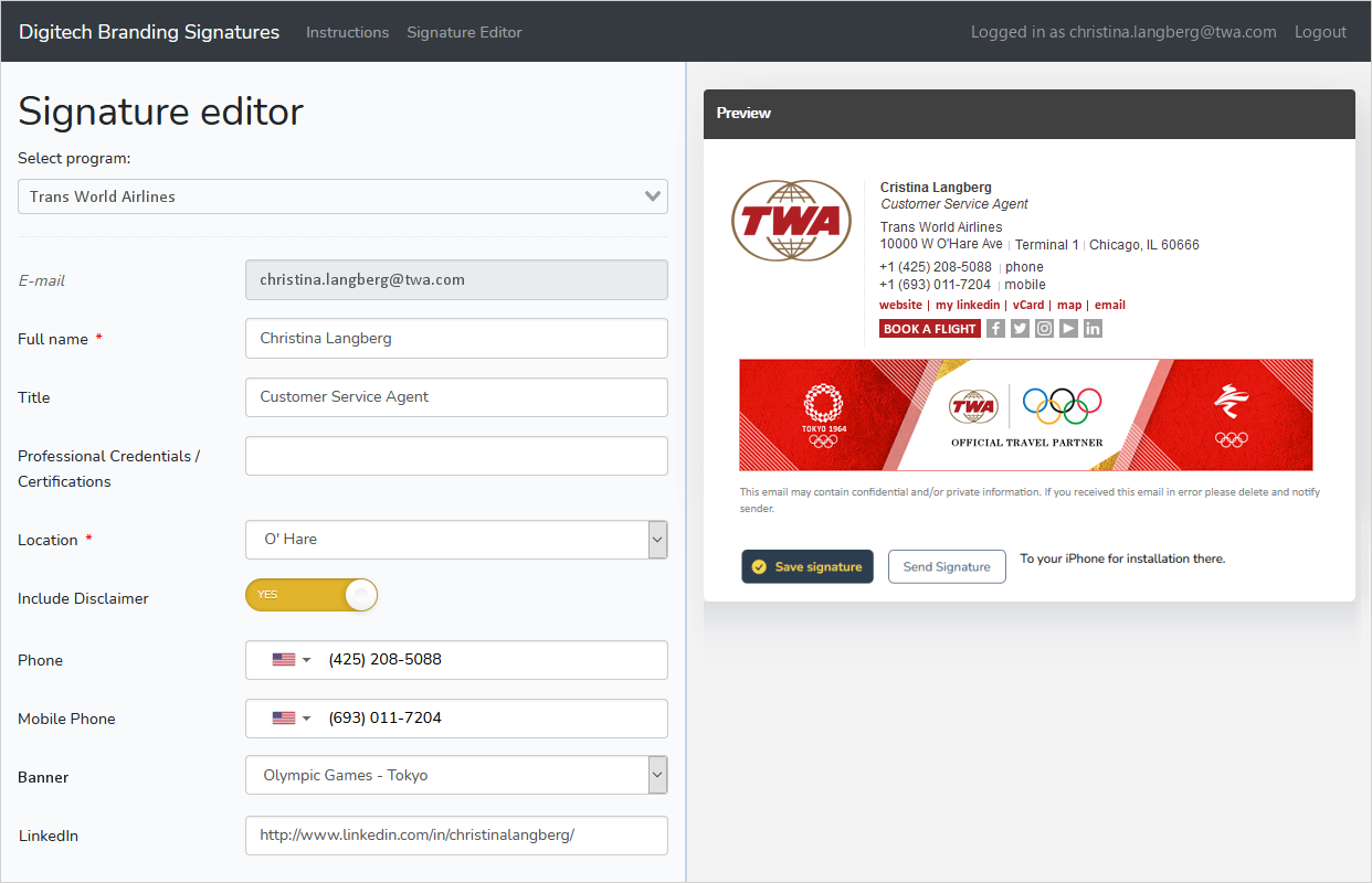 email signature user interface